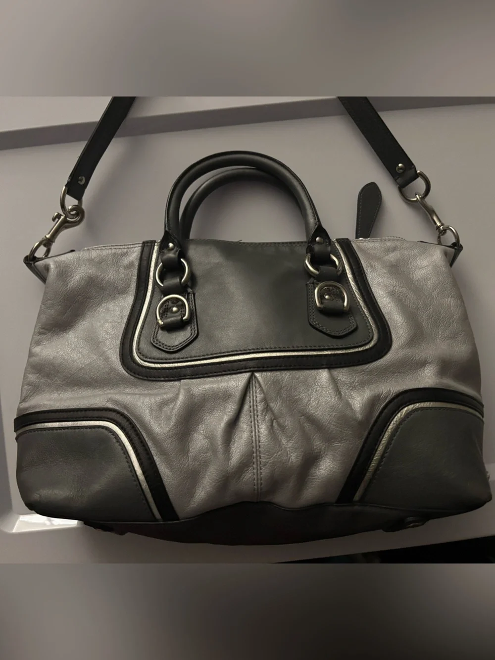 Coach Ashley Spectator Silver Gray Black Leather Satchel Bag Carryall F17455